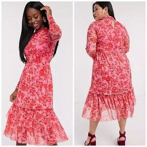 Outrageous Fortune High Neck Pleated Mesh Midi Dress Red Floral Print Size 16
